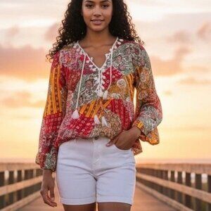 LUUKSE Size XL Boho Patchwork Pink Tasseled Long Sleeve V-neck Womens Top